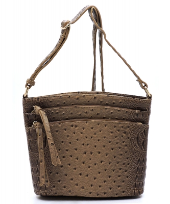 Ostrich Croc Multi Zip Pocket Crossbody Bag OS059 STONE